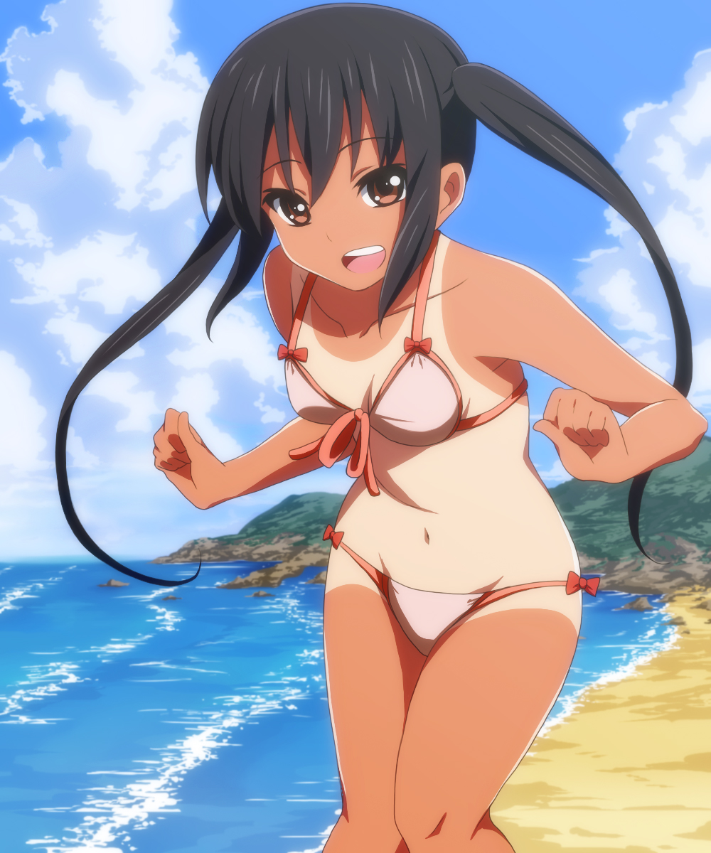 bare_shoulders, beach, bikini, black_hair, bow, brown_eyes, cloud, collarbone