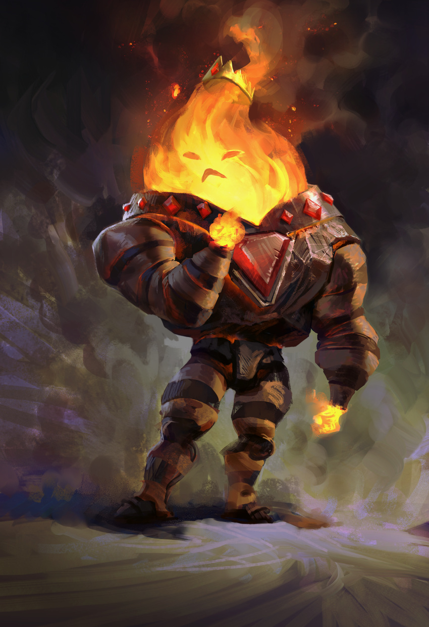 1boy, adventure_time, armor, crown, elemental_(creature), fire, fire_elemental, flame_king