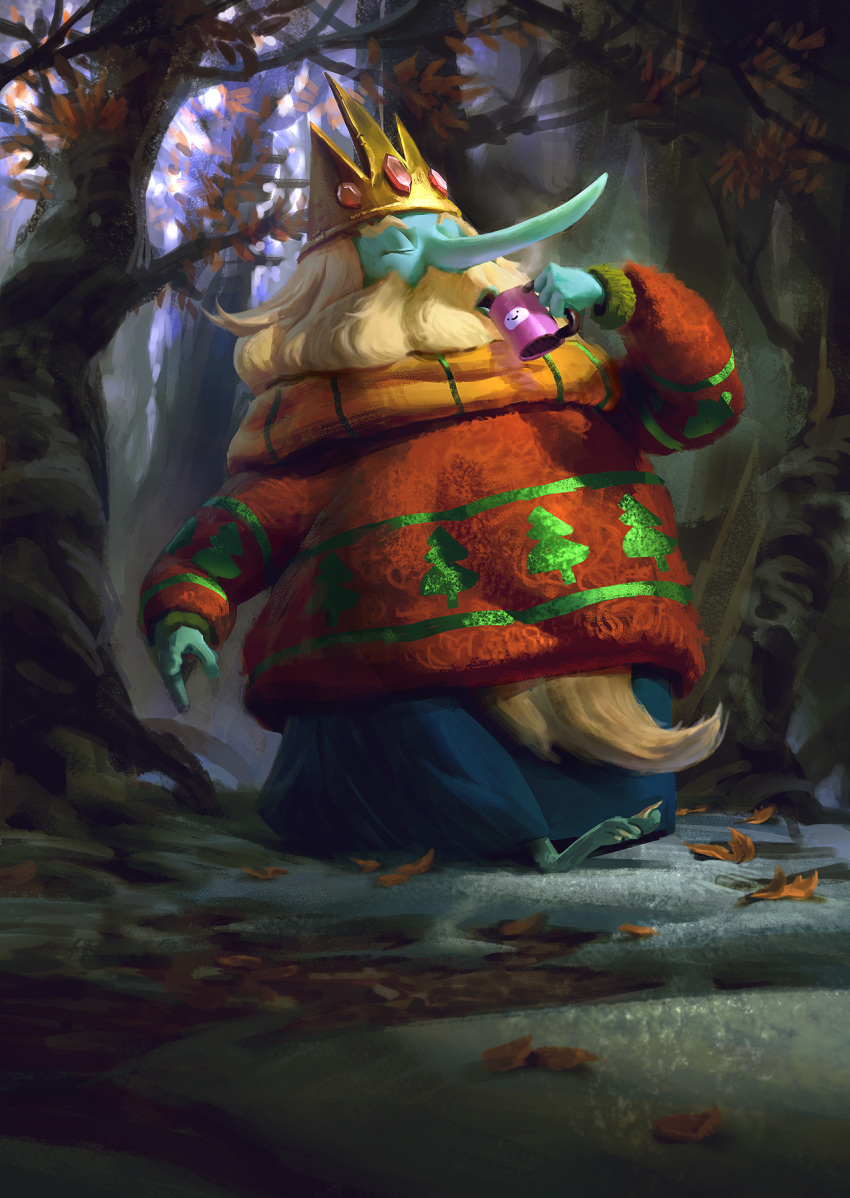 1boy, adventure_time, barefoot, beard, blue_skin, character_print, closed_eyes, colored_skin