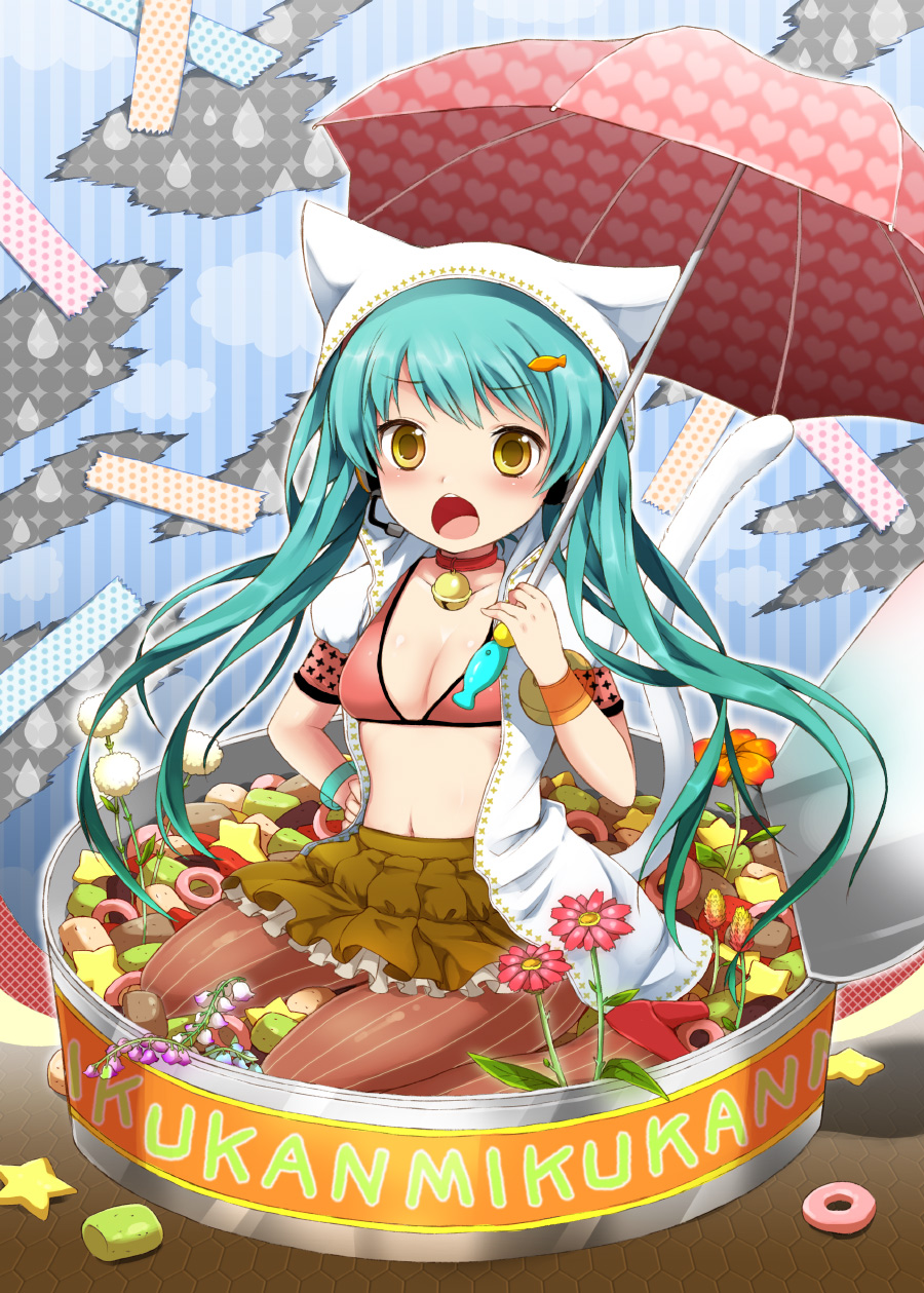 animal_ears, aqua_hair, bikini_top, cat_ears, cat_food_(vocaloid), cat_hood, collar, hatsune_miku