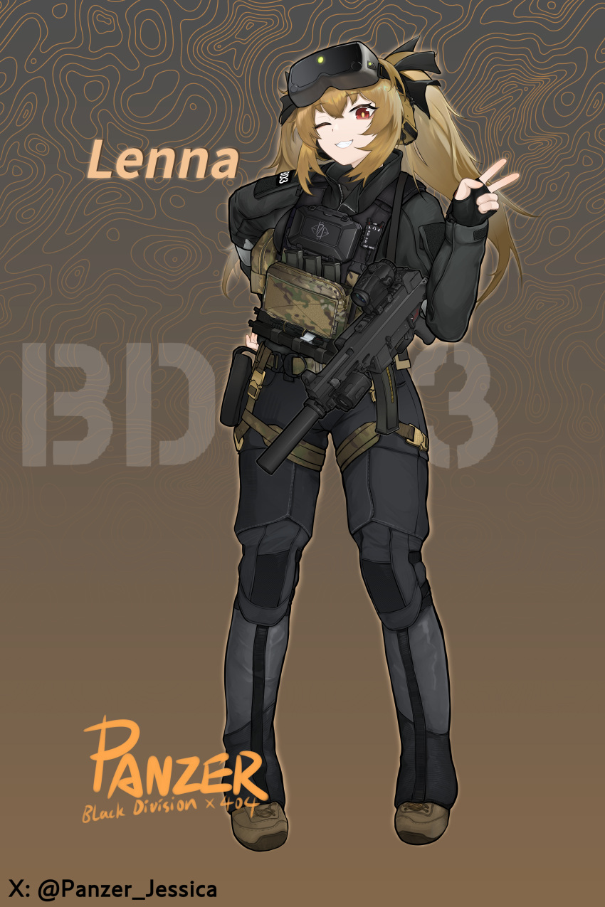 1girl, absurdres, belt, belt_pouch, black_gloves, boots, brown_hair, combat_boots, escape_from_tarkov, fingerless_gloves, girls'_frontline_2:_exilium, girls_frontline, gloves, goggles, goggles_on_head, gun, h&amp;k_ump, hair_between_eyes, hand_up, headset, highres, lenna_(girls'_frontline_2), load_bearing_vest, long_hair, long_sleeves, looking_at_viewer, magazine_(weapon), one_eye_closed, open_mouth, panzi_panzer, pouch, red_eyes, smile, solo, submachine_gun, suppressor, tactical_clothes, teeth, twintails, ump9_(girls'_frontline), v, weapon, yellow_pupils