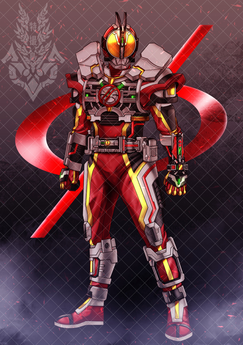 1boy, absurdres, armor, belt, black_armor, black_bodysuit, bodysuit, check_translation, commentary_request, compound_eyes, faiz_axel, faiz_driver, fusion, gloves, helmet, highres, kamen_rider, kamen_rider_555, kamen_rider_faiz, kamen_rider_faiz_(axel_form), kamen_rider_faiz_(blaster_form), looking_at_viewer, male_focus, original, power_armor, rider_belt, solo, standing, tokusatsu, tokusatsushima, translation_request, yellow_eyes