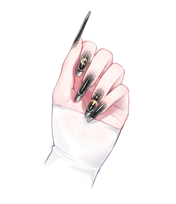 1girl, black_nails, commentary_request, crescent, disembodied_hand, fingernails, hand_focus, keibeam
