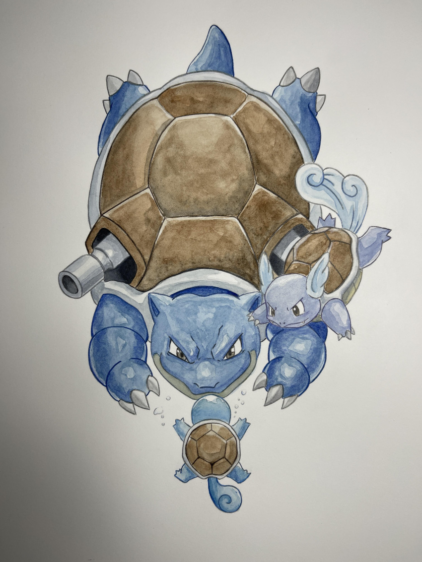 absurdres, blastoise, brown_eyes, claws, dittoinks, evolutionary_line, highres, looking_at_viewer, no_humans, photo_(medium), pokemon, pokemon_(creature), solo, squirtle, tail, traditional_media, wartortle, white_background