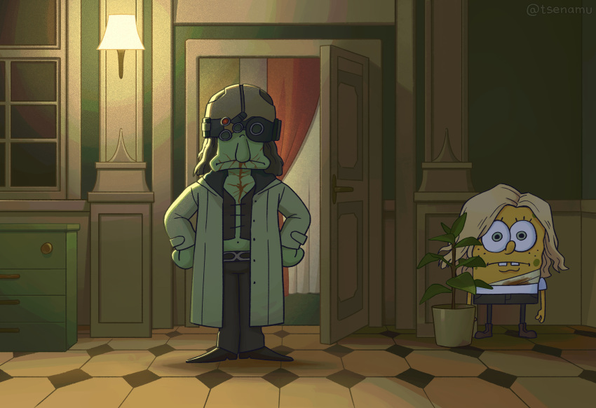 1boy, 1girl, artist_name, belt, black_pants, blonde_hair, buck_teeth, ceiling_light
