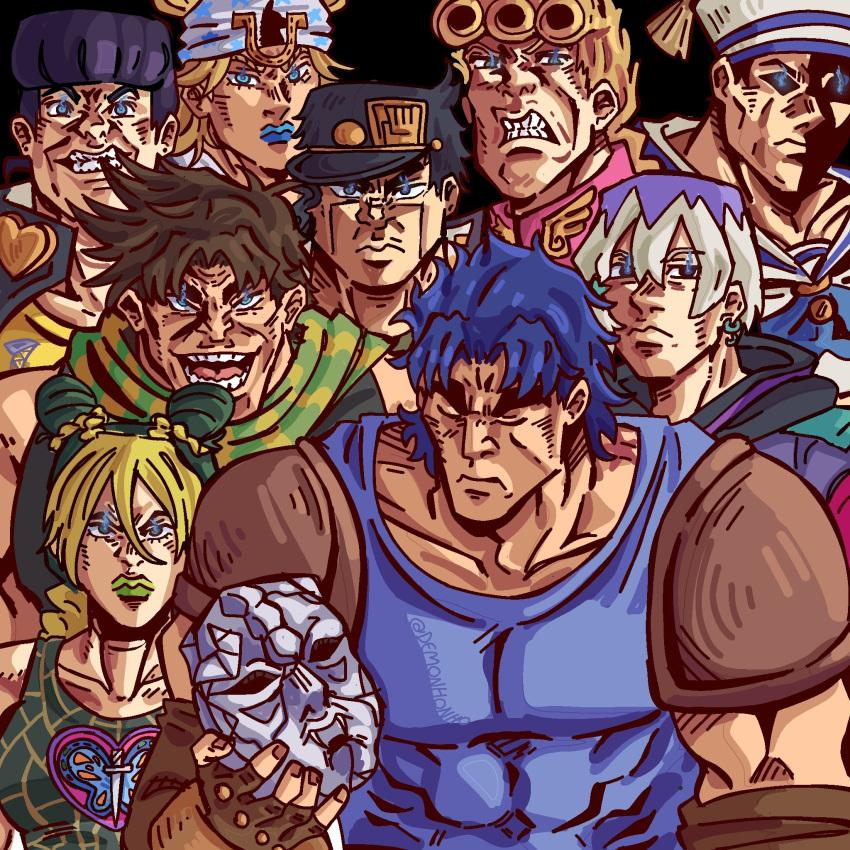 1girl, 6+boys, anchor_symbol, armor, battle_tendency, birthmark, black_background, black_hair