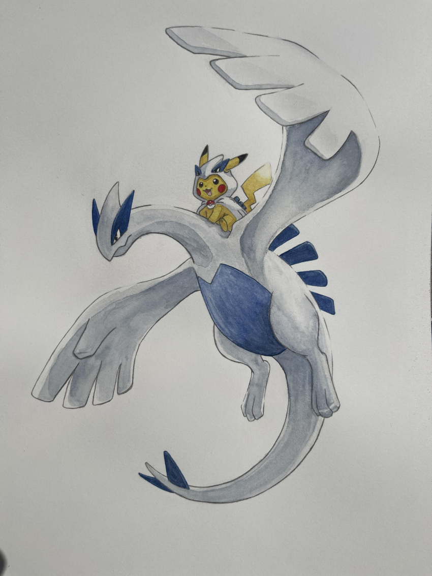 absurdres, clothed_pokemon, cosplay, dittoinks, highres, lugia, lugia_(cosplay), no_humans, open_mouth, photo_(medium), pikachu, pokemon, pokemon_(creature), tail, traditional_media, white_background