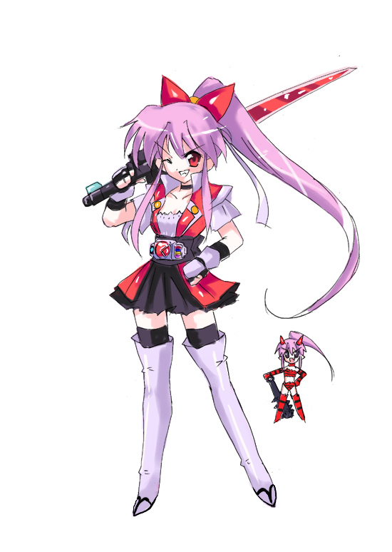 genderswap, henshin, kamen_rider, kamen_rider_den-o, kamen_rider_den-o_(series), kazuu_(artist), momotaros, purple_hair, red_eyes, sword, weapon