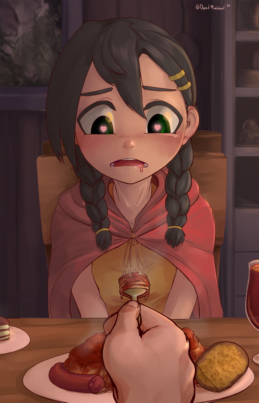 1girl, black_hair, braid, brown_shirt, cake, cape, chair, cup