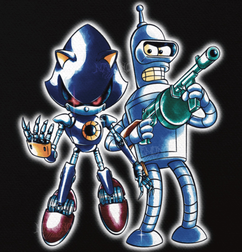 2boys, animal_ears, bender_bending_rodriguez, black_background, claws, clenched_teeth, colored_sclera, commentary