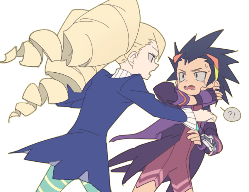 1boy, 1girl, ?, black_hair, blonde_hair, blue_dress, blue_pantyhose, dosiki_gemi