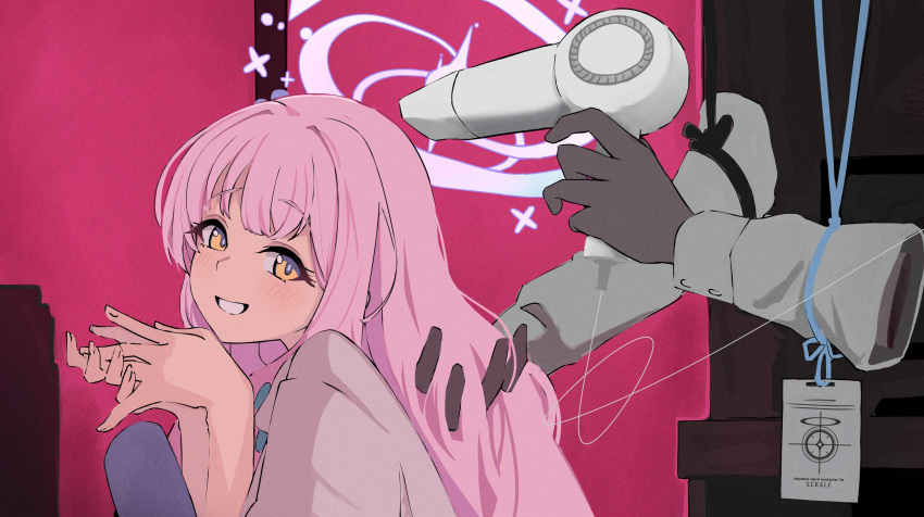 1girl, 1other, absurdres, blue_archive, commentary_request, disembodied_hand, drying, drying_another's_hair