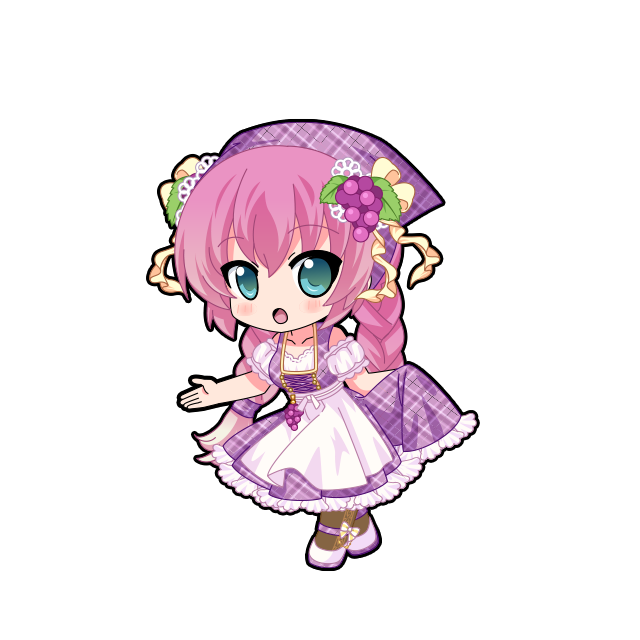 1girl, :d, :o, animated, animated_png, aqua_eyes, bare_shoulders, bavaria, braid, brown_pantyhose, chibi, chibi_only, dress, food-themed_hair_ornament, full_body, game_asset, grape_hair_ornament, hair_ornament, hatsune_miku_graphy_collection, headscarf, holding_own_dress, leaning_forward, megurine_luka, pantyhose, pink_hair, plaid_clothes, plaid_dress, plaid_headscarf, puffy_short_sleeves, puffy_sleeves, purple_headscarf, purple_shoes, shoes, short_sleeves, smile, solo, standing, strappy_heels, transparent_background, twin_braids, unmoving_pattern, vocaloid