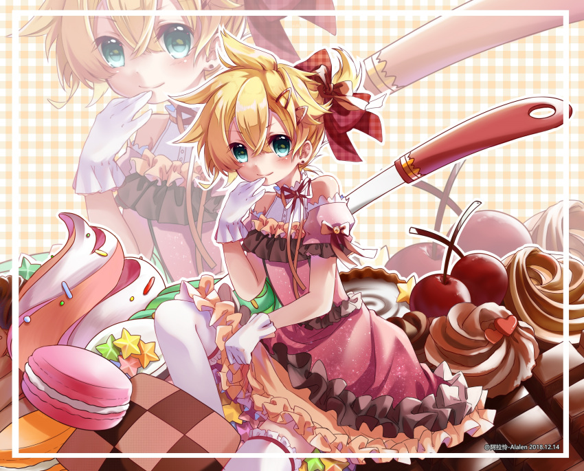 1boy, alalen, blonde_hair, blush, bow, brown_dress, checkered_bow, checkered_clothes, cherry, chocolate, closed_mouth, crossdressing, crossdressing_(mtf), dress, earrings, food, fruit, gloves, hair_bow, high_ponytail, highres, ice_cream, icing, jewelry, kagamine_len, macaron, multicolored_dress, orange_dress, pink_dress, ponytail, red_bow, short_hair, short_ponytail, smile, solo, sprinkles, thigh-highs, trap, utensil, vocaloid, white_dress, white_gloves, white_thighhighs