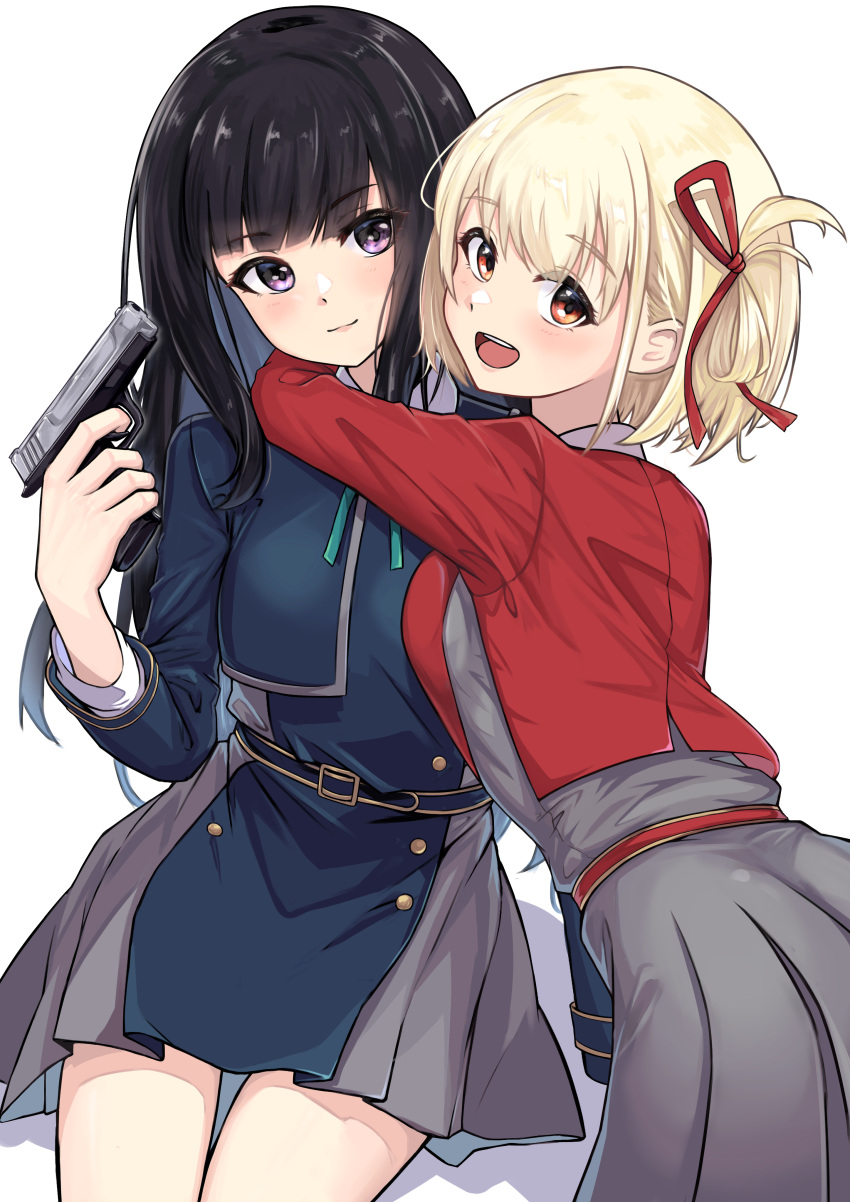 2girls, absurdres, andaan_(an_iota_of), belt, black_hair, blonde_hair, blue_belt, blue_dress