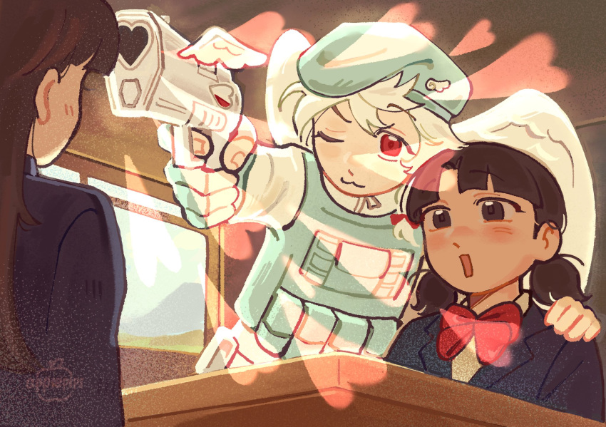 3girls, applepsps, arm_around_shoulder, beret, black_hair, black_jacket, blue_gloves, blunt_bangs
