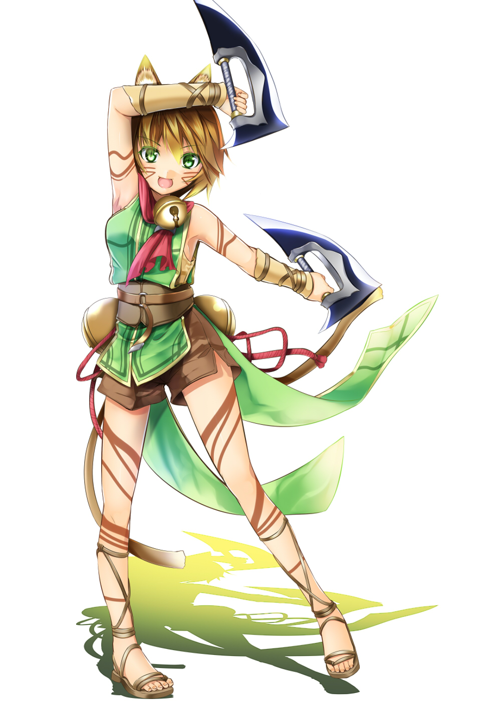 ankle_lace-up, arm_warmers, bell, belt, bodypaint, brown_hair, cross-laced_footwear, dual_wielding