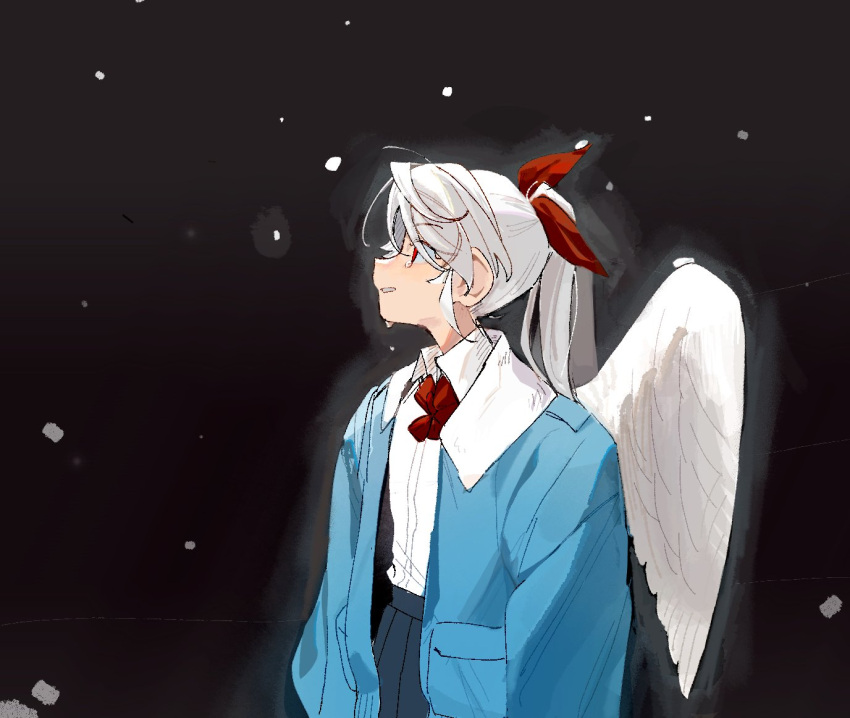 1girl, black_background, blue_jacket, bow, bowtie, chiyo_(love-bullet), collared_shirt, commentary_request