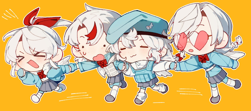 >_<, 4girls, beret, blue_gloves, blue_jacket, bow, bowtie, bulletproof_vest