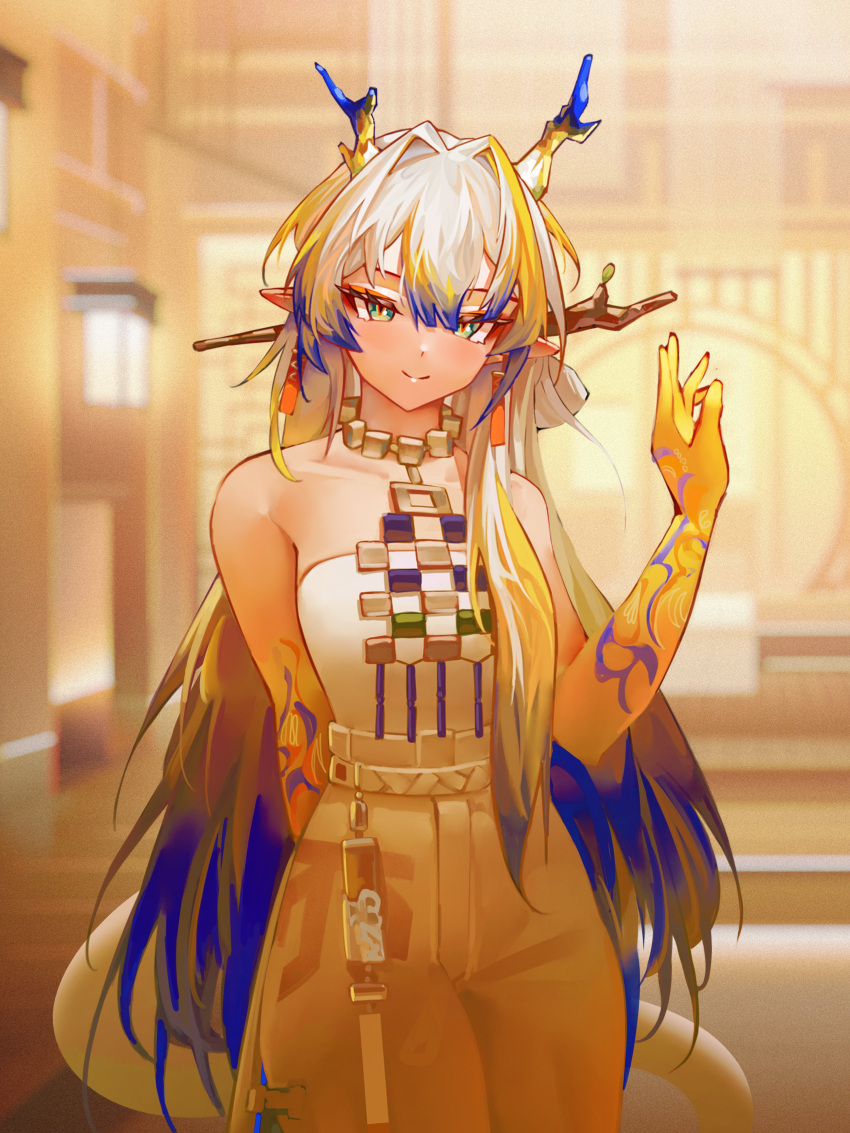 1girl, absurdres, arknights, arm_behind_back, bare_arms, bare_shoulders, blonde_hair, blue_hair