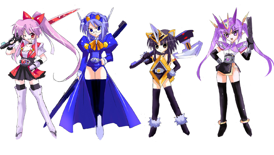 axe, black_hair, blue_eyes, blue_hair, genderswap, gun, henshin, kamen_rider, kamen_rider_den-o, kamen_rider_den-o_(series), kazuu_(artist), purple_hair, red_eyes, rod, sword, violet_eyes, weapon, yellow_eyes