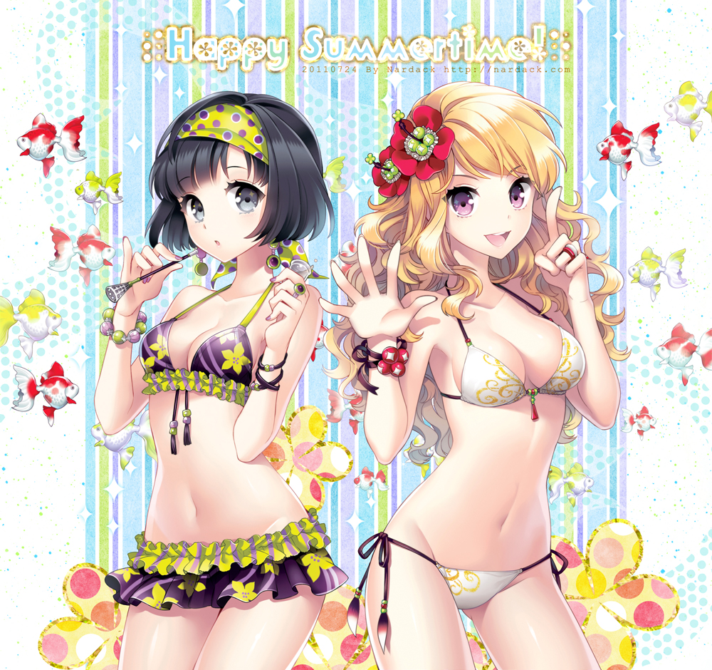 :d, bikini, bikini_skirt, black_eyes, black_hair, blonde_hair, blue_eyes, bob_cut