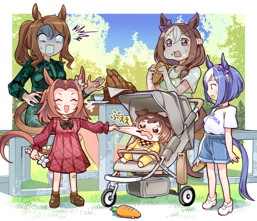aged_down, animal_ears, baby, blue_hair, brown_hair, buena_vista_(umamusume), carrot, casual, cesario_(umamusume), cheek_pinching, commentary, crying, food, full_body, horse_ears, horse_girl, horse_tail, kawakami_princess_(umamusume), king_halo_(umamusume), korean_commentary, pinching, sbql_(niaunclefan), shorts, special_week_(umamusume), standing, surprised, tail, tears, turn_pale, umamusume, violet_eyes, wide-eyed