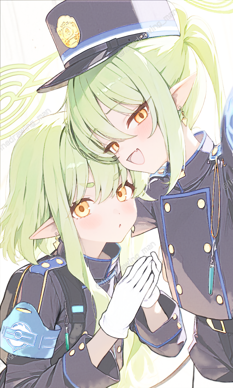 2girls, :o, armband, artist_name, belt, black_belt, blue_archive, blush