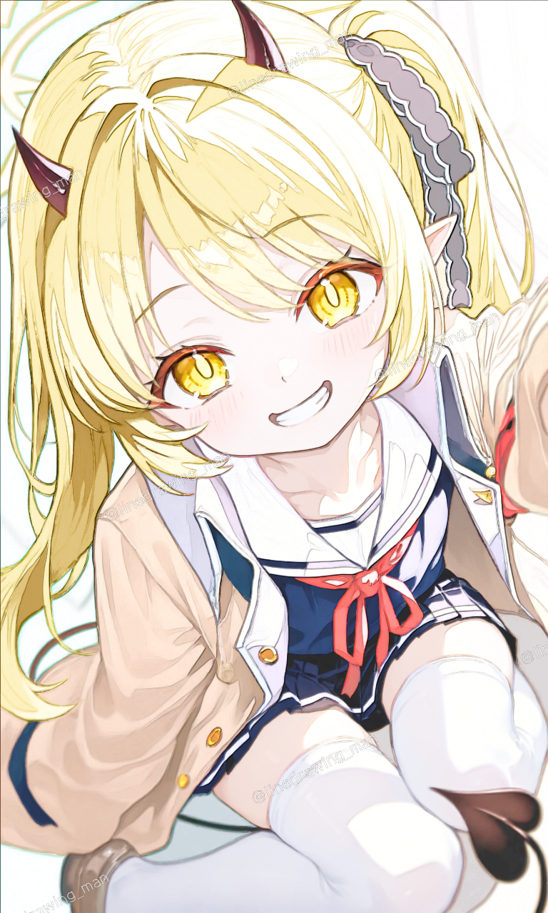 1girl, black_hairband, black_horns, blazer, blue_archive, blue_skirt, blush, commentary