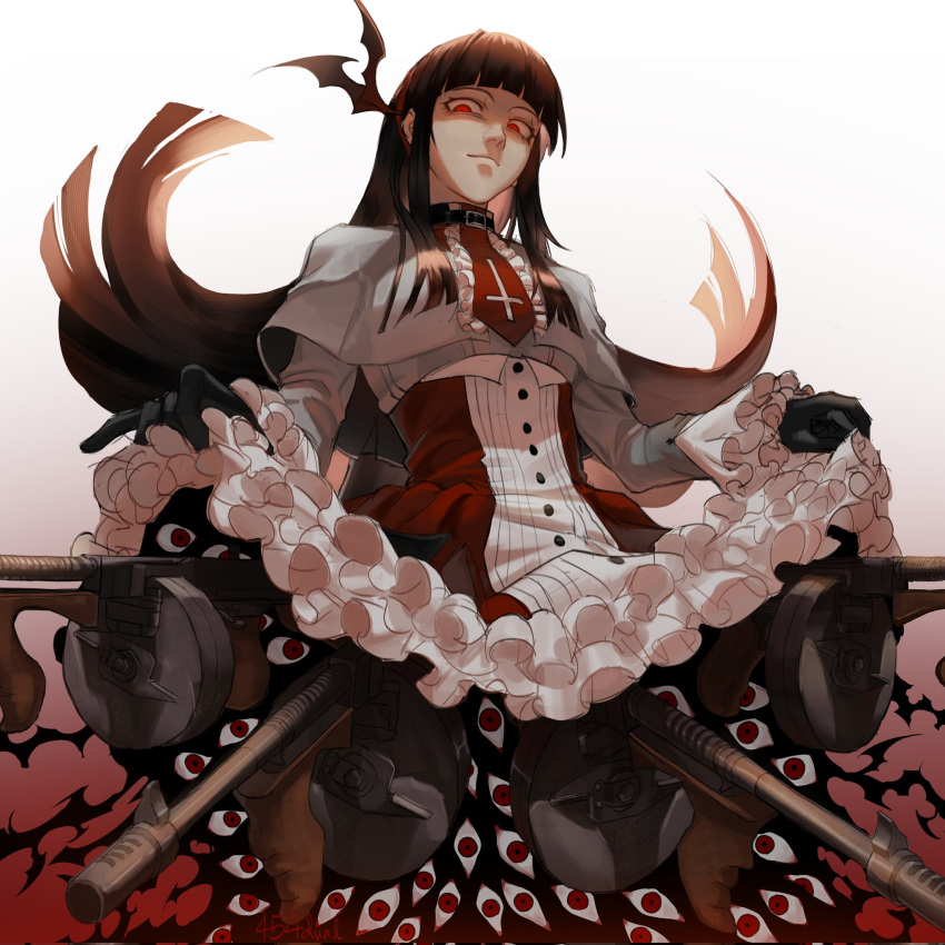 1girl, 454dual, alternate_costume, alucard_(hellsing), bat_hair_ornament, bat_wings, black_choker, black_gloves, black_hair, blunt_bangs, capelet, choker, clothes_lift, commentary, cowboy_shot, cross, downturned_eyes, dress, frilled_dress, frilled_sleeves, frills, girlycard, gloves, gothic_lolita, gradient_background, gun, hair_ornament, hellsing, hellsing:_the_dawn, highres, holding_own_skirt, impossible_storage, inverted_cross, inverted_cross_print, lifting_own_clothes, lolita_fashion, long_hair, long_sleeves, looking_at_viewer, looking_down, multiple_weapons, necktie, red_background, red_dress, red_eyes, red_necktie, senjougahara_hitagi_skirt_lift_pose, signature, skirt, skirt_lift, solo, submachine_gun, thompson_submachine_gun, too_many_eyes, too_many_weapons, untranslatable_commentary, vampire, weapon, white_background, white_capelet, wing_hair_ornament, wings