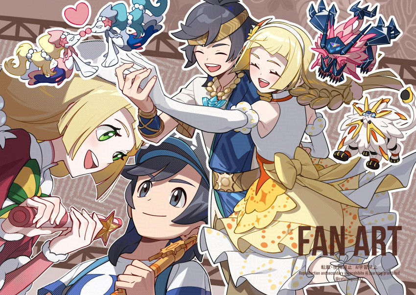 1boy, 1girl, :d, absurdres, alternate_color, black_hair, blonde_hair, bow