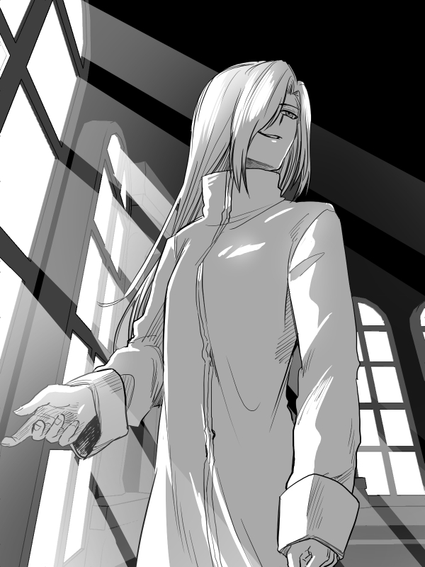 1girl, breasts, hair_over_one_eye, hand_up, indoors, long_hair, long_sidelocks, metarogu