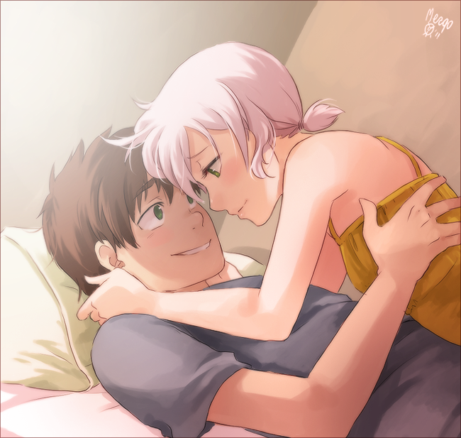 1boy, 1girl, bed, blush, bob_(meago), brown_hair, camisole, couple, emily_(meago), green_eyes, hetero, lying, meago, on_back, on_bed, original, ponytail, profile, short_sleeves, smile, t-shirt, white_hair