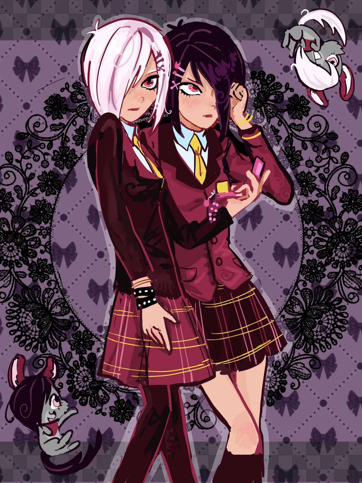 2girls, black_hair, brittany_biskit, cashmere_biskit, cellphone, chinchilla_(animal), flip_phone, hair_ornament