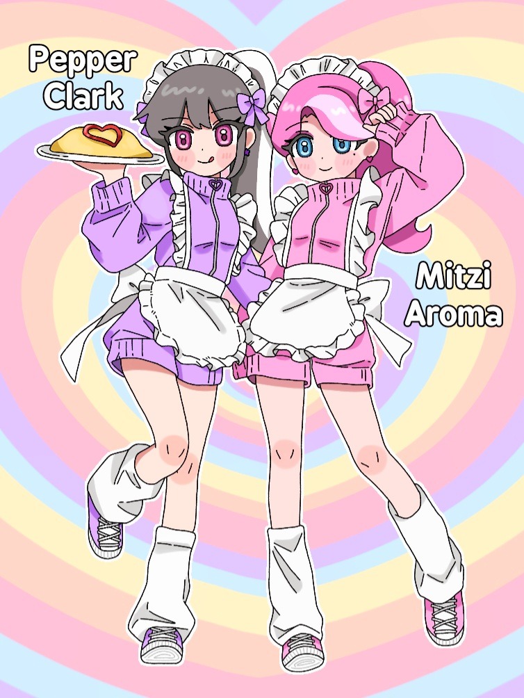 2girls, apron, blue_eyes, character_name, full_body, grey_hair, holding, holding_plate, jersey_maid, kittytoto-12345, littlest_pet_shop, littlest_pet_shop_(2012), maid, maid_apron, maid_headdress, matching_outfits, mitzi_(lps), multicolored_hair, multiple_girls, pepper_clark, personification, pink_eyes, pink_hair, pink_shoes, plate, ponytail, purple_shoes, shoes, single_hair_streak, sneakers, two-tone_hair, unconventional_maid
