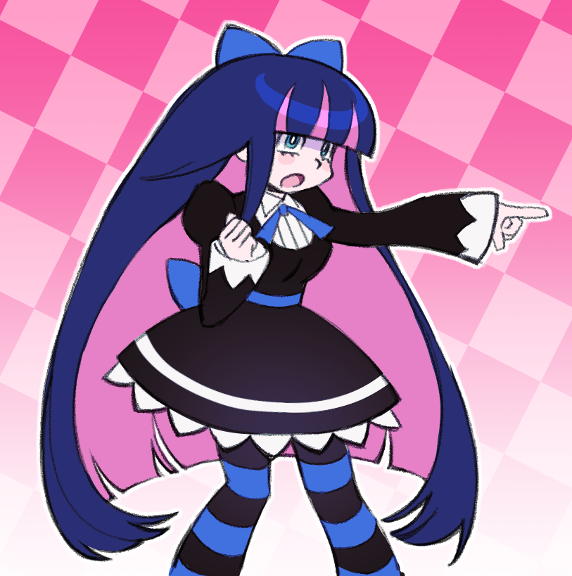 1girl, blunt_bangs, bow, checkered_background, colored_inner_hair, commentary, cookd_shrimp, gothic_lolita