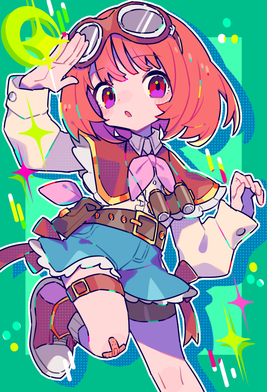1girl, :o, arm_up, bandaid, bandaid_on_knee, bandaid_on_leg, belt, binoculars
