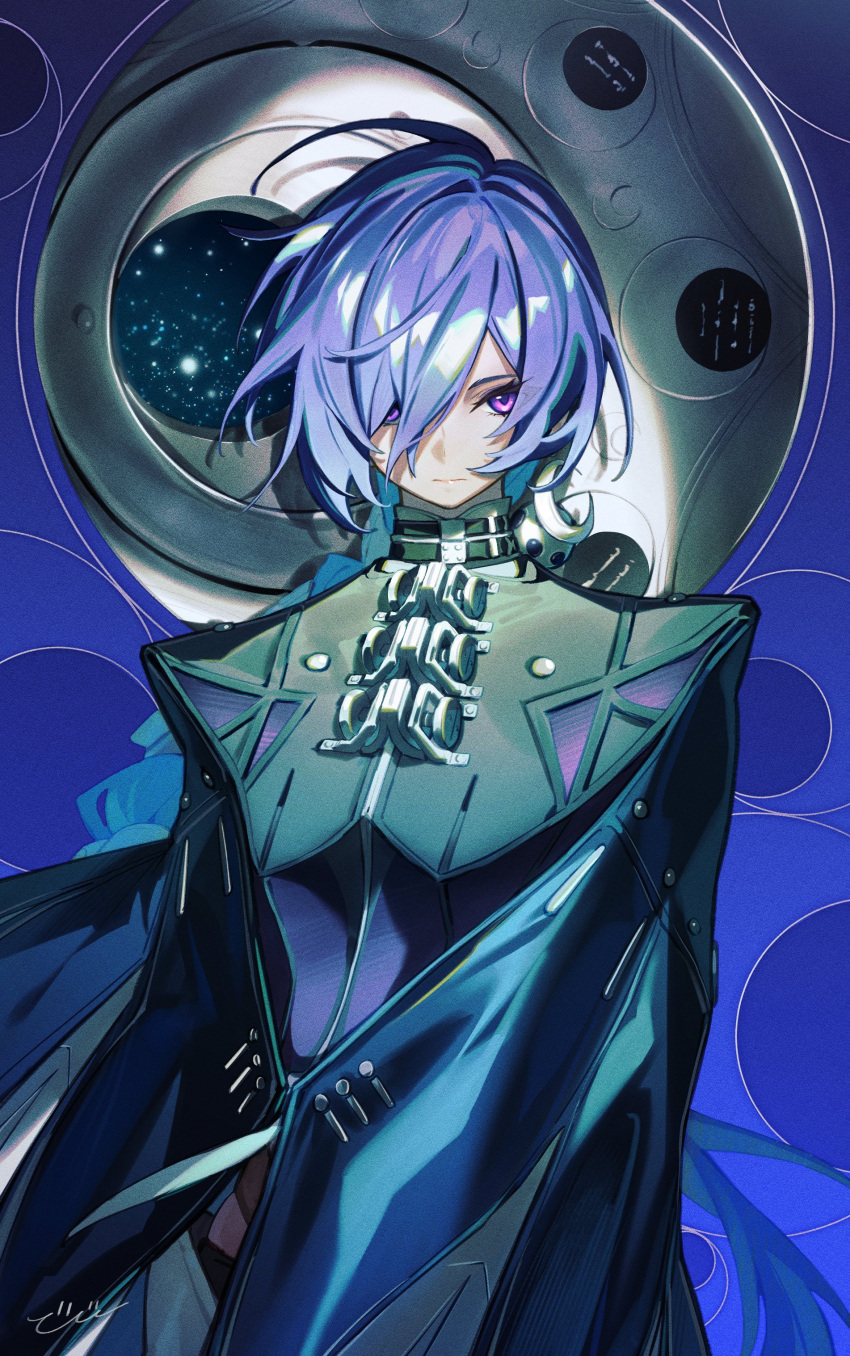 1girl, absurdres, bibisuka, black_cloak, blue_hair, boots, cloak, closed_mouth, commentary_request, crescent, crescent_earrings, earrings, hair_over_one_eye, highres, jewelry, long_hair, looking_at_viewer, promeia_(zenless_zone_zero), solo, thigh_boots, very_long_hair, violet_eyes, zenless_zone_zero