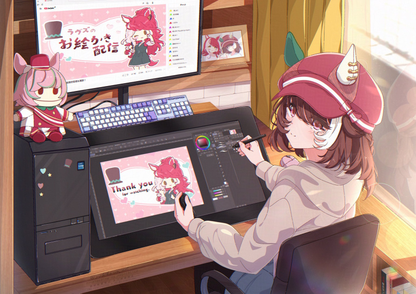 1girl, animal_ears, at_computer, black_pantyhose, blue_shorts, blush, book, brown_hair