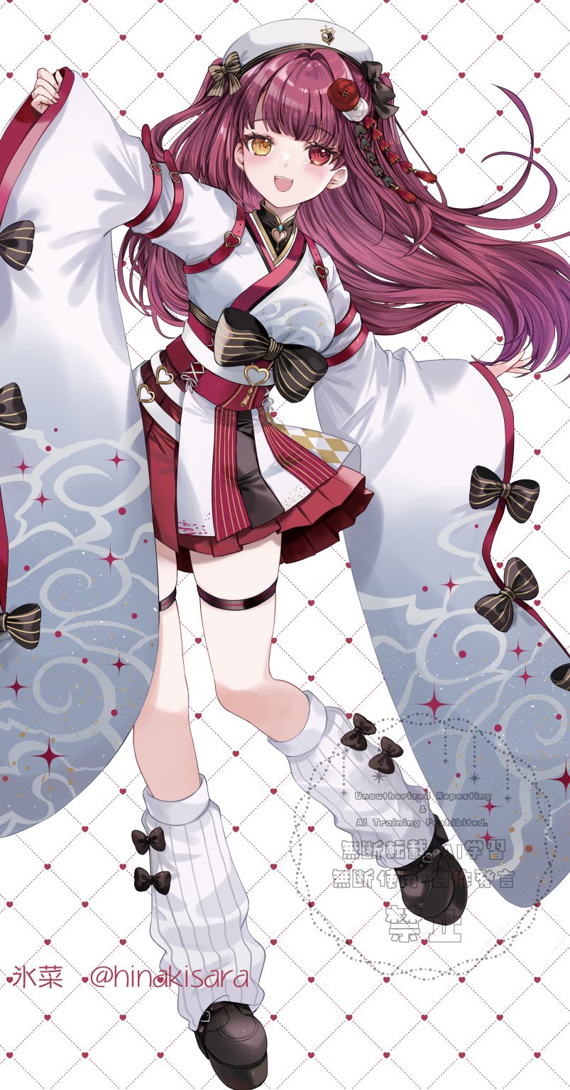 1girl, :d, beret, black_bow, black_shoes, bow, breasts, commentary_request