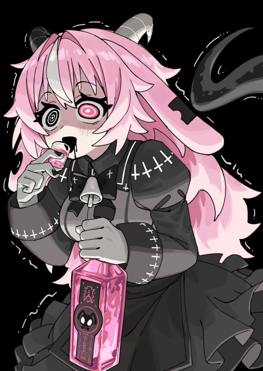14mango, 1girl, animal_ears, bell_bow, black_bow, black_bowtie, black_eyes, black_mouth, black_saliva, black_tail, bow, bowtie, chinese_commentary, colored_saliva, commentary_request, cross, cup, drinking_glass, femme_soule, fingernail_gloves, goat_ears, goat_horns, heterochromia, highres, horns, inverted_cross, long_hair, open_mouth, pink_eyes, pink_hair, pukey_goddess_shot_trick, shot_glass, solo