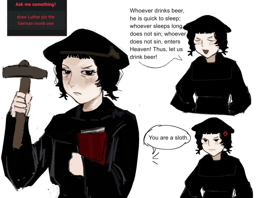 1girl, anger_vein, angry, black_eyes, black_hair, black_hat, black_robe, blush, book, christian_mythology, closed_eyes, english_text, furrowed_brow, genderswap, genderswap_(mtf), hammer, hands_up, hat, highres, holding, holding_book, holding_hammer, long_sleeves, martin_luther, open_mouth, pout, real_life, robe, simple_background, smile, solo, speech_bubble, tsundere, white_background, wide_sleeves, zukii3_mii_(mizumolasses)