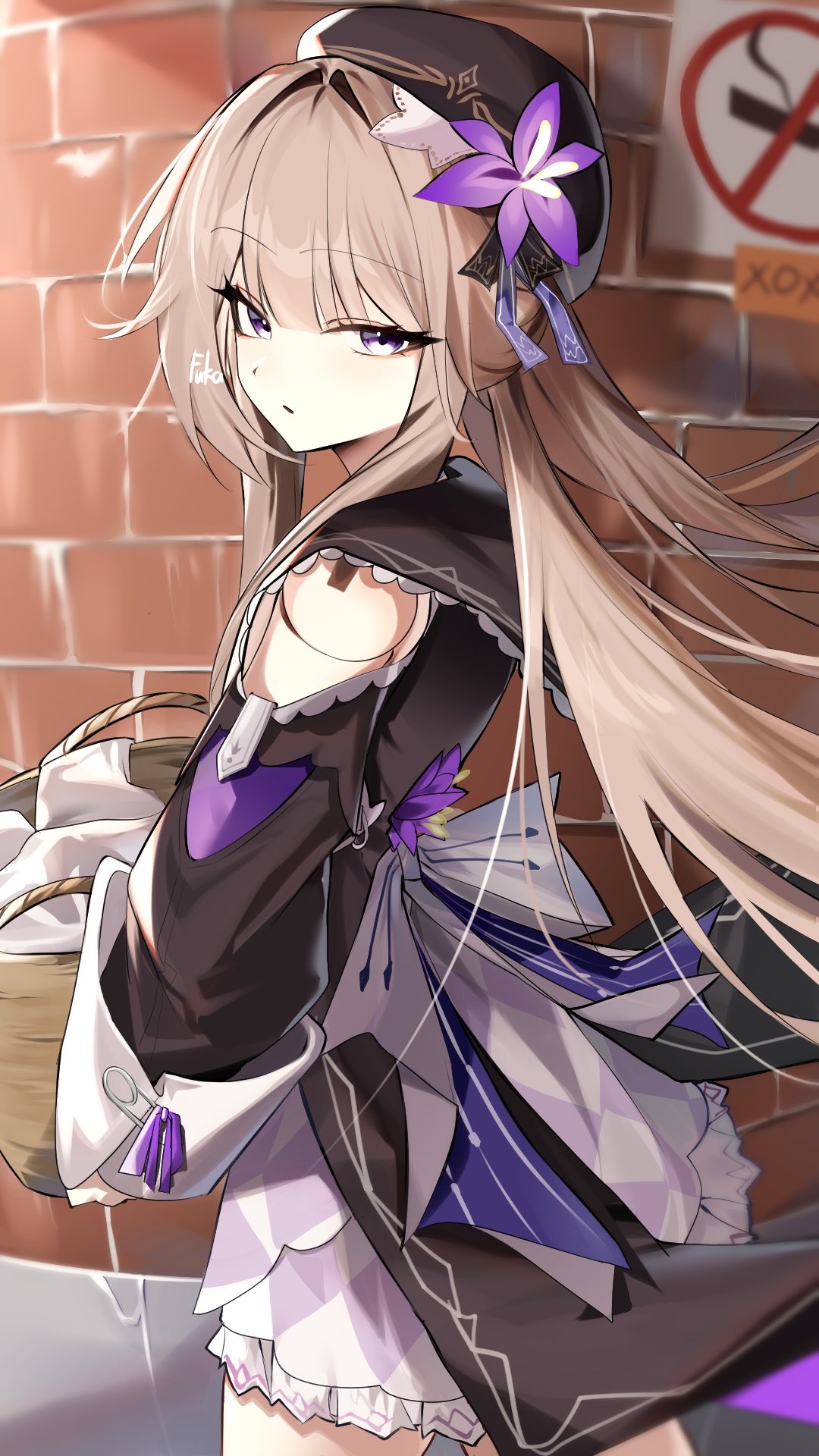 1girl, artist_name, basket, beret, black_dress, black_hat, black_sailor_collar, brick_wall