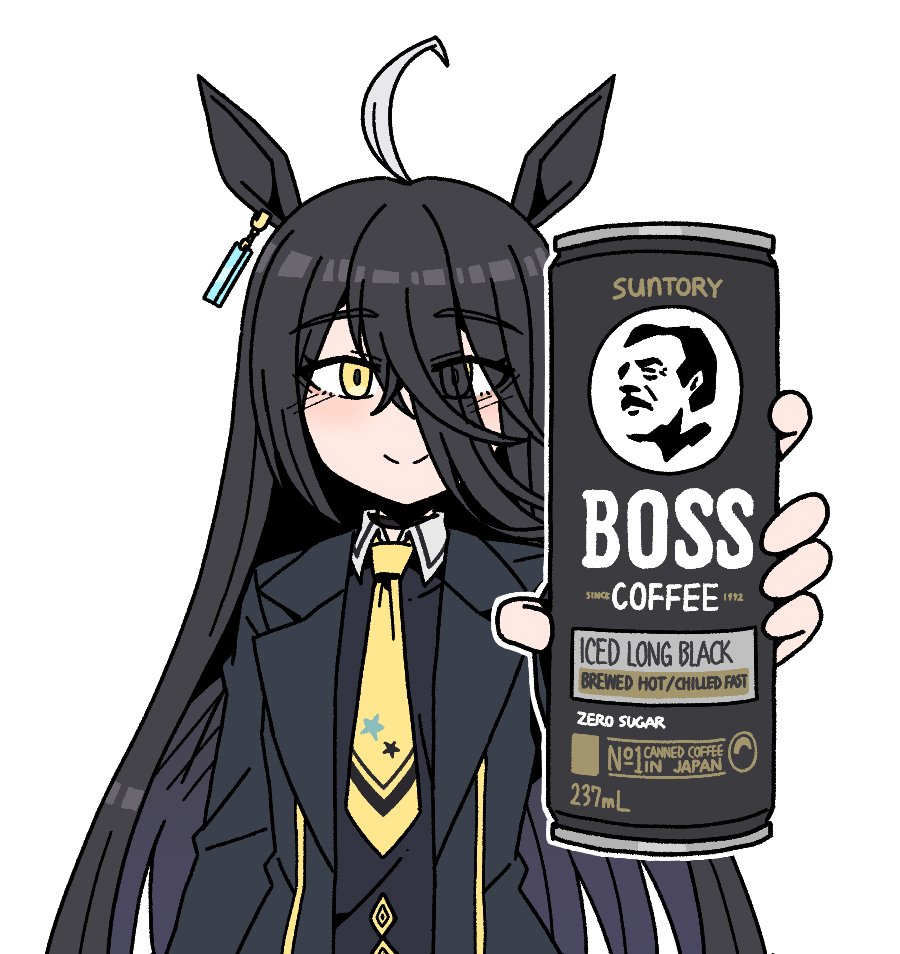 ahoge, animal_ears, black_hair, black_jacket, black_sweater, breasts, can, closed_mouth