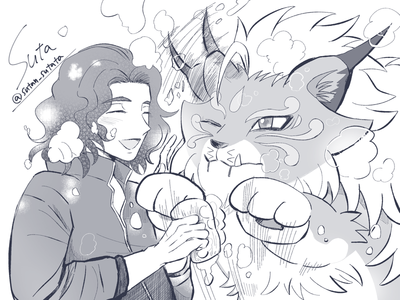2boys, bathing, blush, cat, closed_eyes, cougarmon, digimon, digimon_(creature), digimon_beatbreak, facial_mark, greyscale, looking_at_another, male_focus, monochrome, multiple_boys, noisyutatto, one_eye_closed, sawashiro_kyo, simple_background, smile, soap, soap_bubbles, sponge, white_background