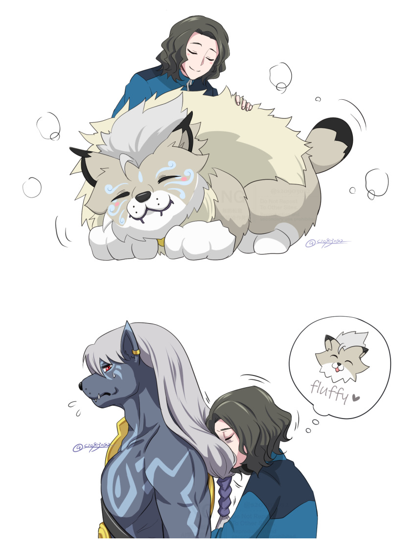 3boys, animal_hands, arm_tattoo, armor, black_hair, blush, cat, chest_tattoo