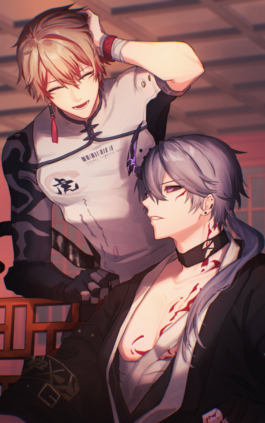 2boys, absurdres, arm_up, black_choker, black_kimono, black_sclera, camu:_crocotta_(yaksha_undertow)_(pgr), camu_(pgr), choker, collarbone, colored_sclera, commentary_request, earrings, grey_hair, hair_between_eyes, hair_ornament, highres, horns, indoors, japanese_clothes, jewelry, kamui:_tenebrion_(tiger_imperium)_(pgr), kamui_(pgr), kimono, lattice, long_hair, looking_at_another, m6_f, male_focus, midriff_sarashi, mismatched_sclera, multiple_boys, orange_hair, parted_lips, pectorals, punishing:_gray_raven, sarashi, short_hair, single_horn, sitting, smile, standing, tail, tassel, tassel_hair_ornament, tiger_tail, violet_eyes