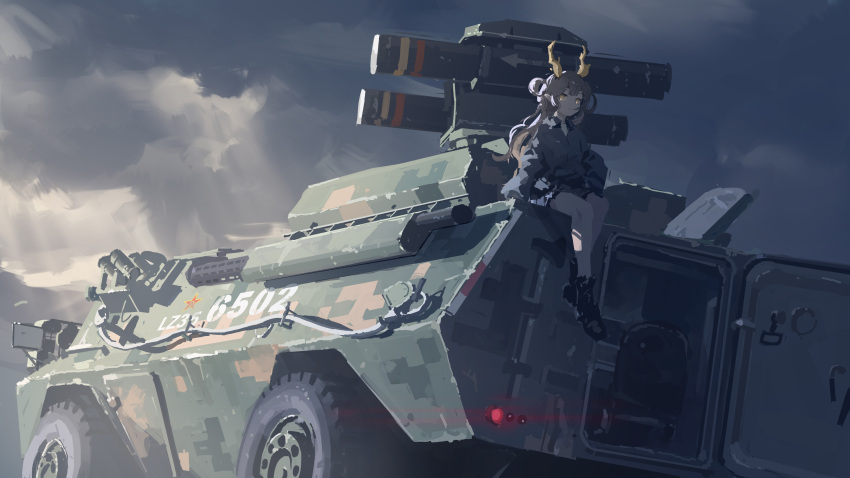 1girl, absurdres, aft09, black_shoes, brown_hair, chigalidepoi, clouds, cloudy_sky, dragon_girl, dragon_horns, highres, horns, long_hair, long_sleeves, military, military_vehicle, missile_pod, motor_vehicle, outdoors, people's_liberation_army, pointy_ears, scenery, shoes, sitting, sky, war_thunder, yellow_eyes