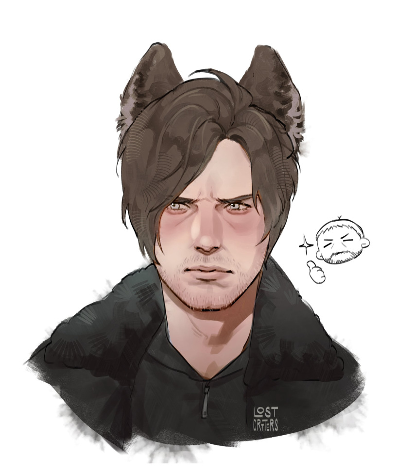 2boys, aegyo_sal, animal_ears, averting_eyes, black_jacket, black_shirt, blue_eyes, brown_hair