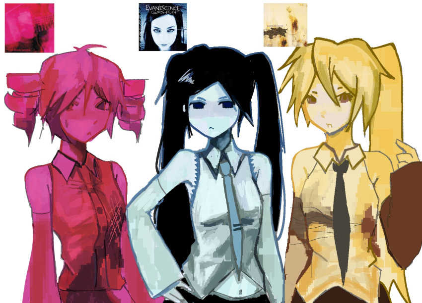 3girls, ahoge, akita_neru, aqua_arm_warmers, aqua_shirt, aqua_skin, arm_warmers, bare_shoulders